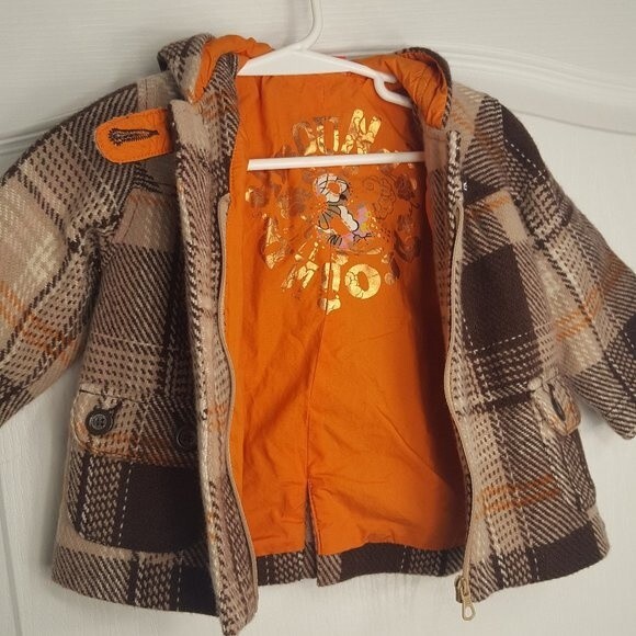 ELLE Brown Plaid Winter Coat Hood Vintage Style Retro - Picture 7 of 8